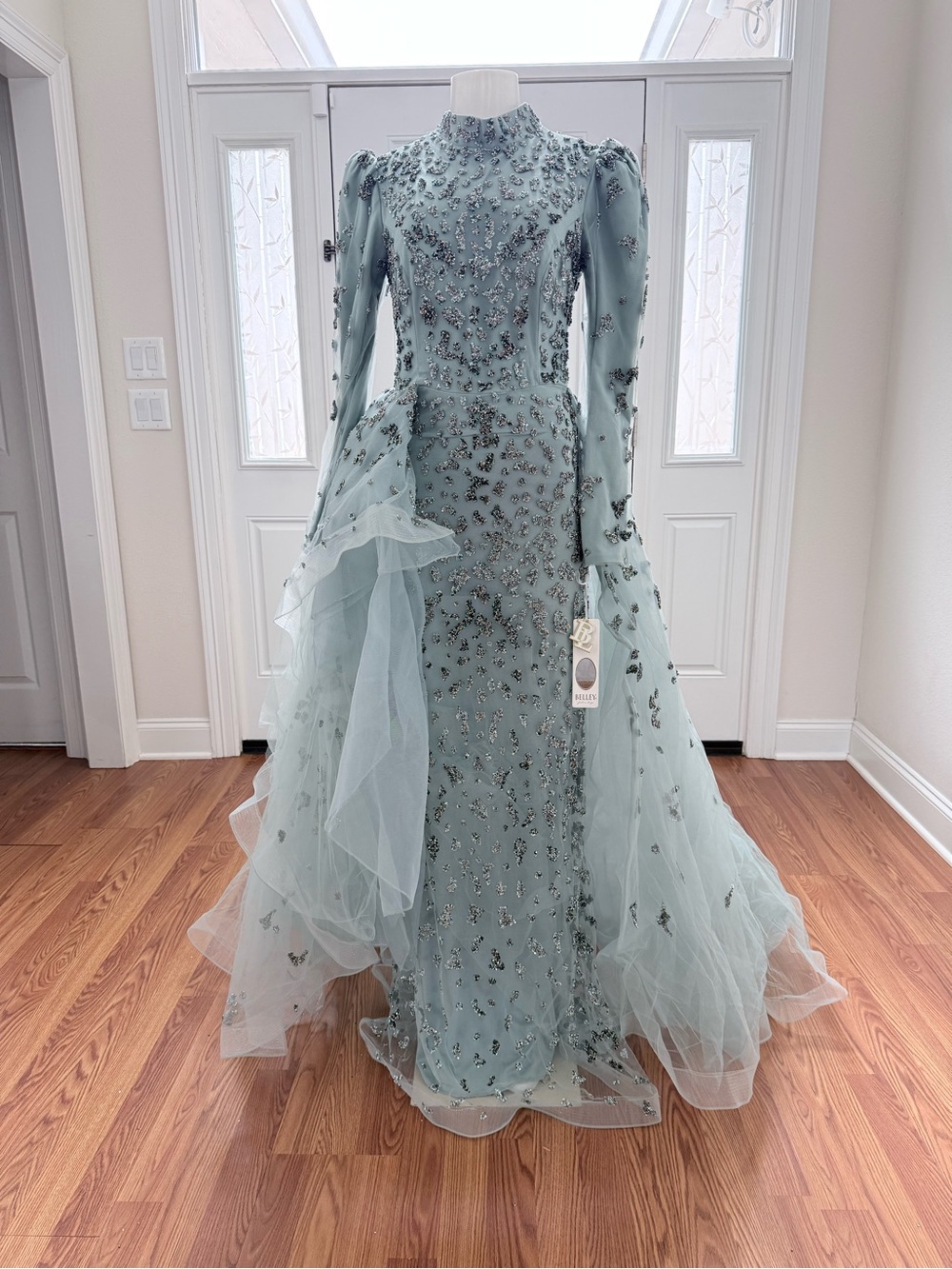 Beaded Sage Blue Tulle Evening Gown